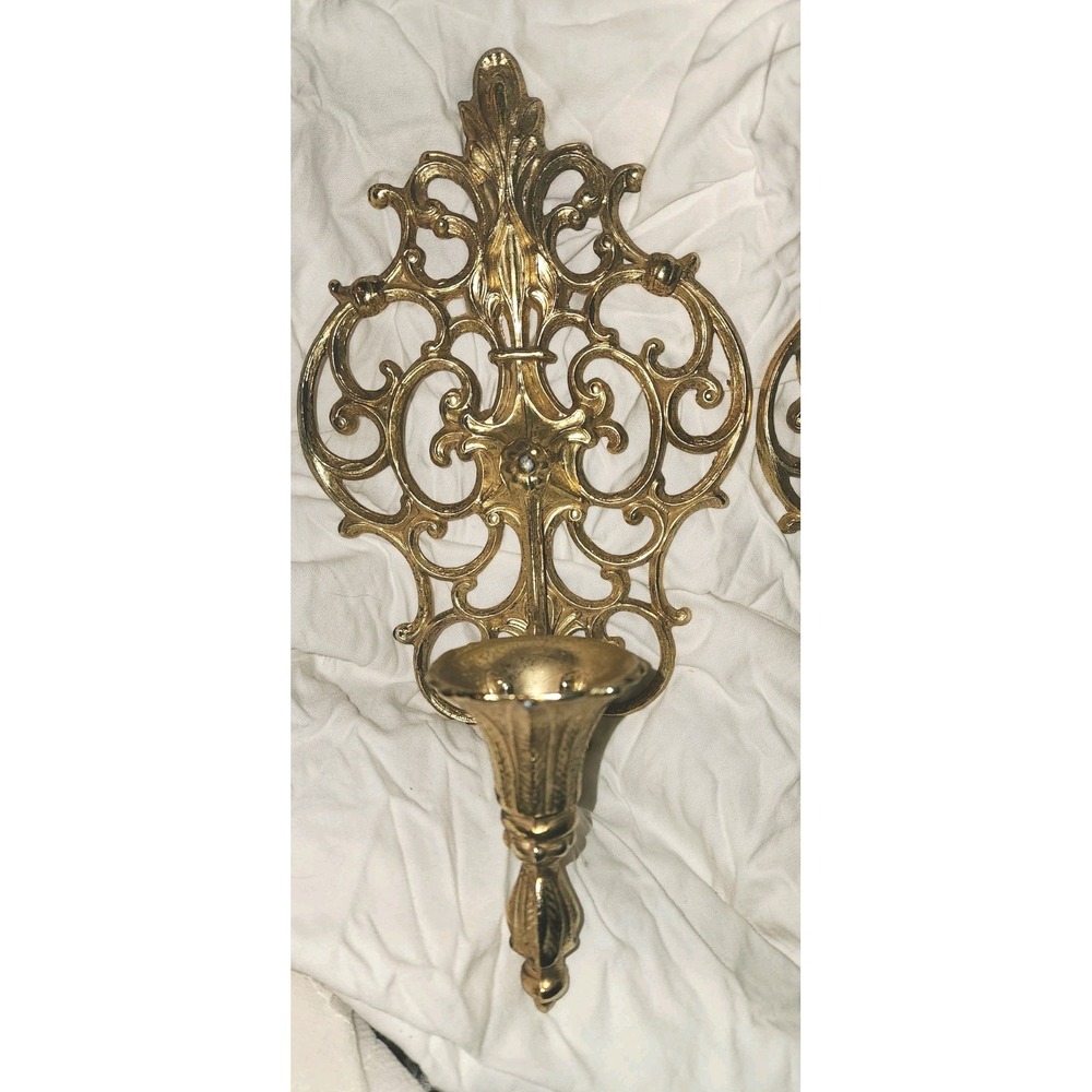 Vintage Hollywood Regency Gold Metal Wall Sconces Candle Holders Ornate - Picture 4 of 5
